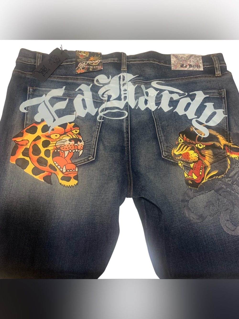 Ed Hardy Denim 5 Pocket Jeans Iconic Tattoo Inspired Panther & Cheetah Size 28